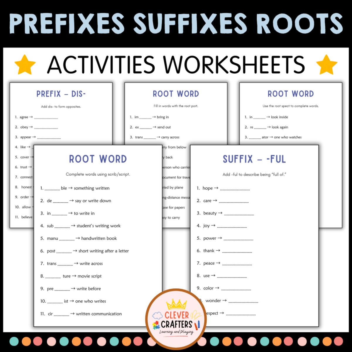 An educational teaching resource from Clever Crafters entitled Prefixes, Suffixes, and Root Words Worksheets for Grade 1, 2, 3 downloadable at Teach Simple.