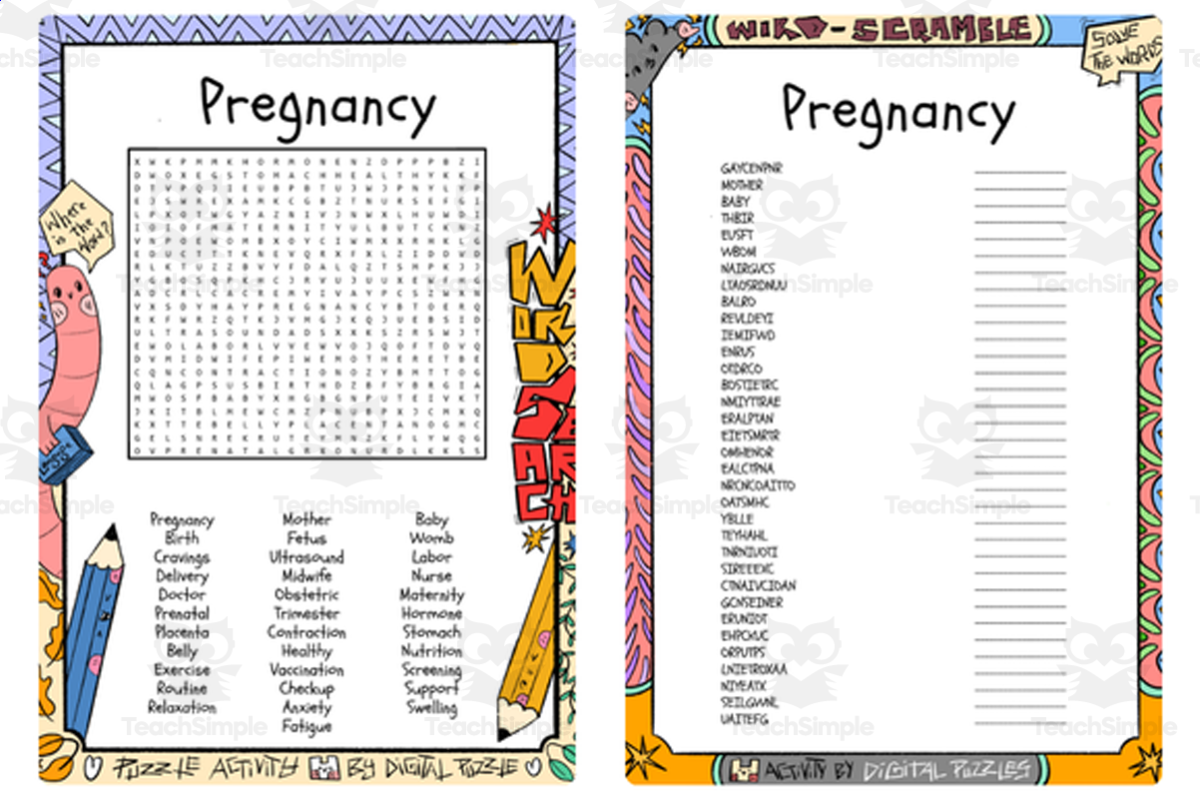 An educational teaching resource from Lapiiin Art Activities entitled Pregnancy word search & scramble downloadable at Teach Simple.