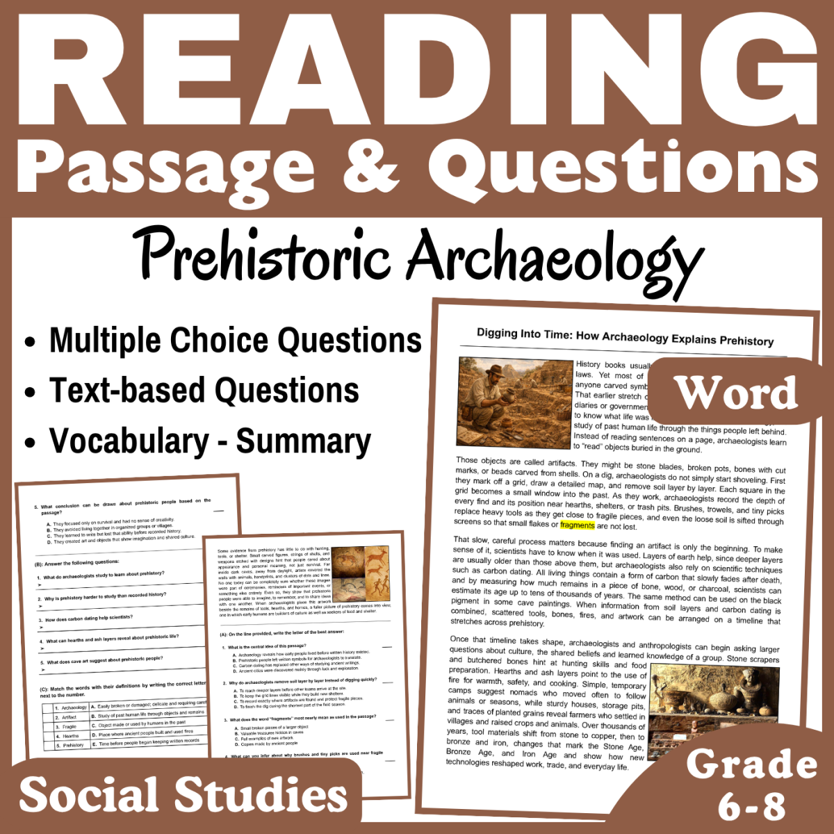 An educational teaching resource from CORED Education - Middle & High School entitled Prehistoric Archaeology: Social Studies Reading Passage (Word) downloadable at Teach Simple.
