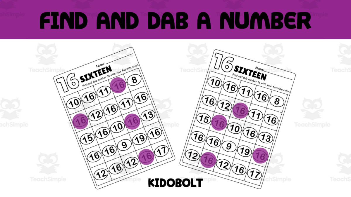 An educational teaching resource from Sarita - Kidobolt entitled PreK Dab a Dot Number Activity - Number 16 downloadable at Teach Simple.