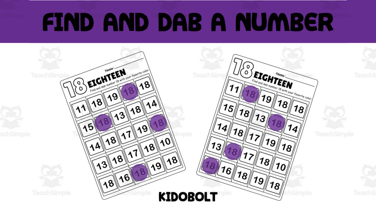 An educational teaching resource from Sarita - Kidobolt entitled PreK Dab a Dot Number Activity - Number 18 downloadable at Teach Simple.