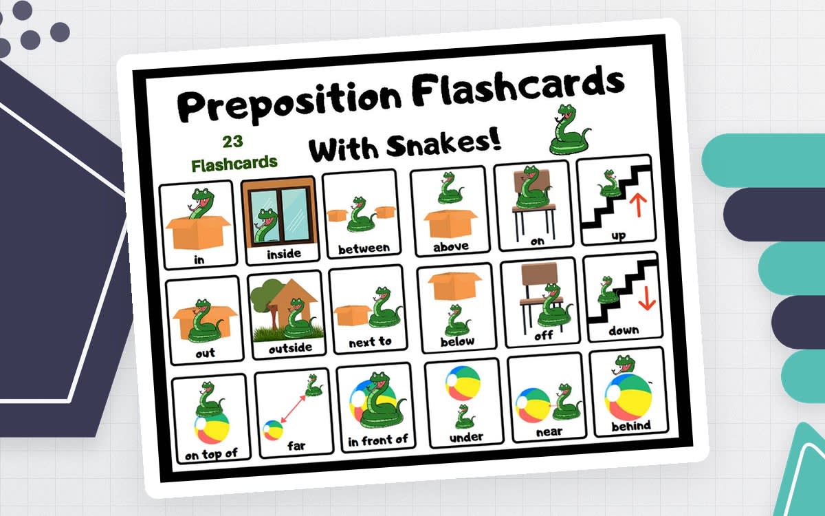 An educational teaching resource from Classy Classroom VIP entitled Preposition Flashcards with Snakes – 23 Cards downloadable at Teach Simple.