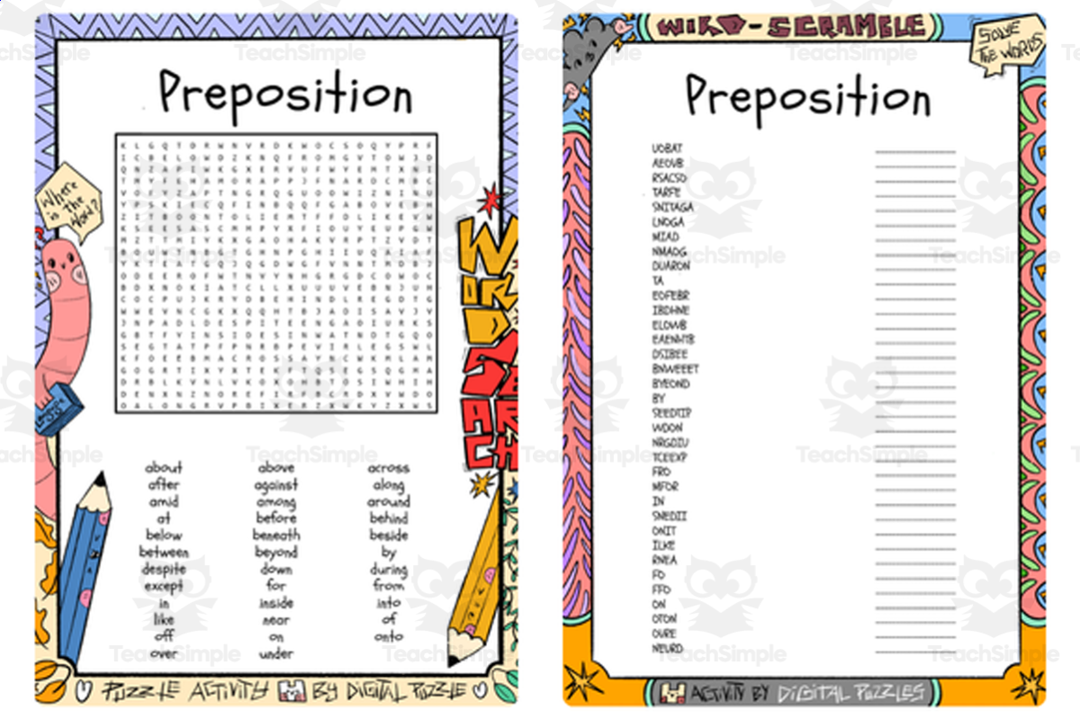 An educational teaching resource from Lapiiin Art Activities entitled Preposition word search & scramble downloadable at Teach Simple.