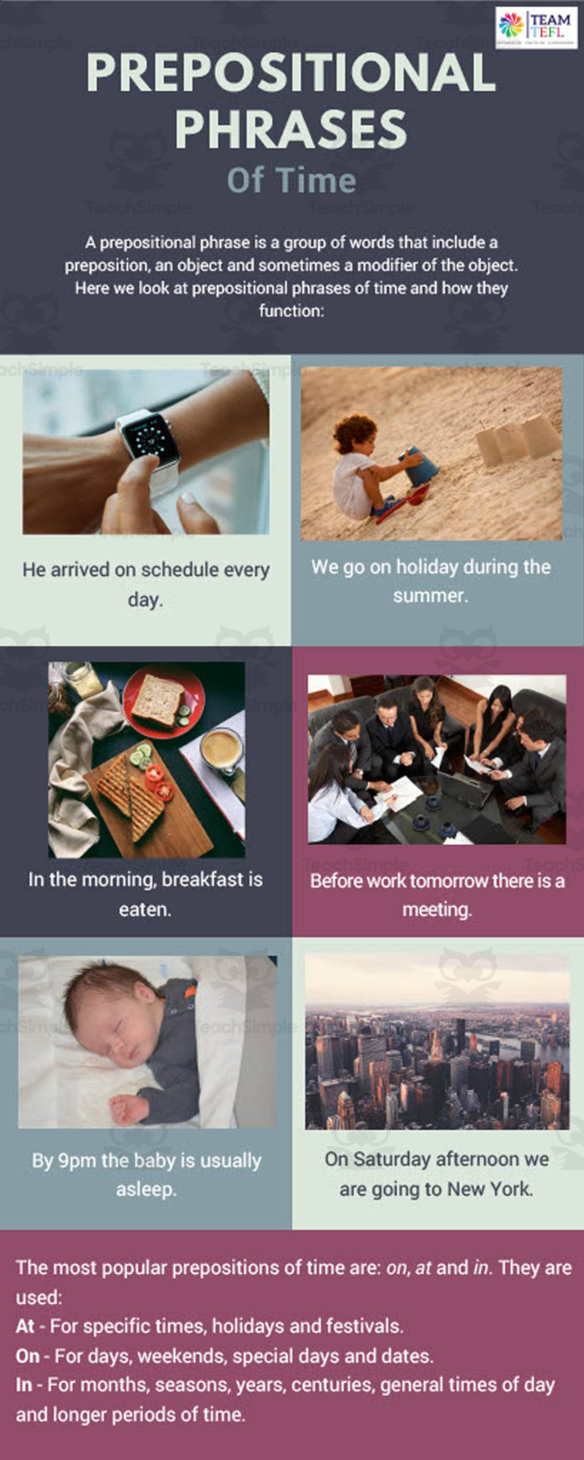 An educational teaching resource from TEAM TEFL entitled Prepositional Phrases of Time, Place and Movement ESL Lesson Plan downloadable at Teach Simple.