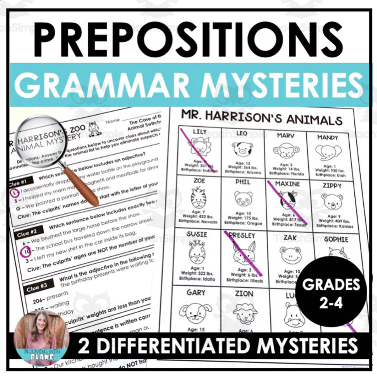 An educational teaching resource from Blooming with Blake entitled Prepositions Animal Mysteries Activity downloadable at Teach Simple.