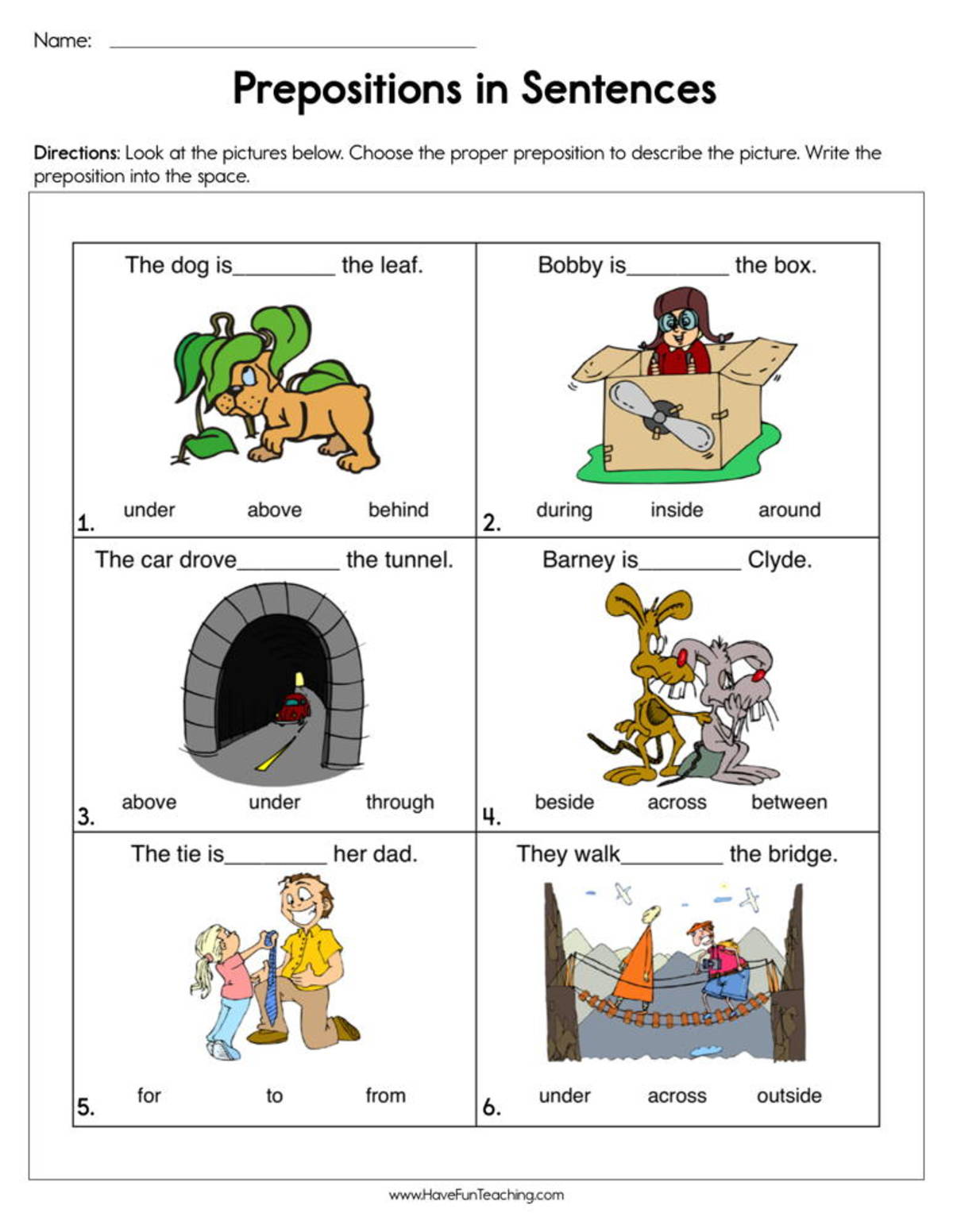 An educational teaching resource from Have Fun Teaching entitled Prepositions in Sentences Worksheet downloadable at Teach Simple.