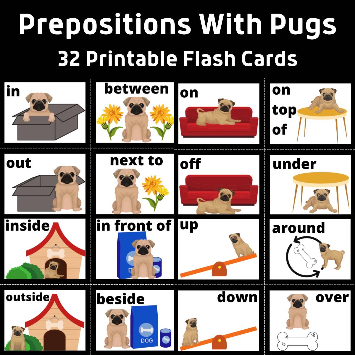An educational teaching resource from Classy Classroom VIP entitled Prepositions With Pugs Printable Flash Card Set downloadable at Teach Simple.