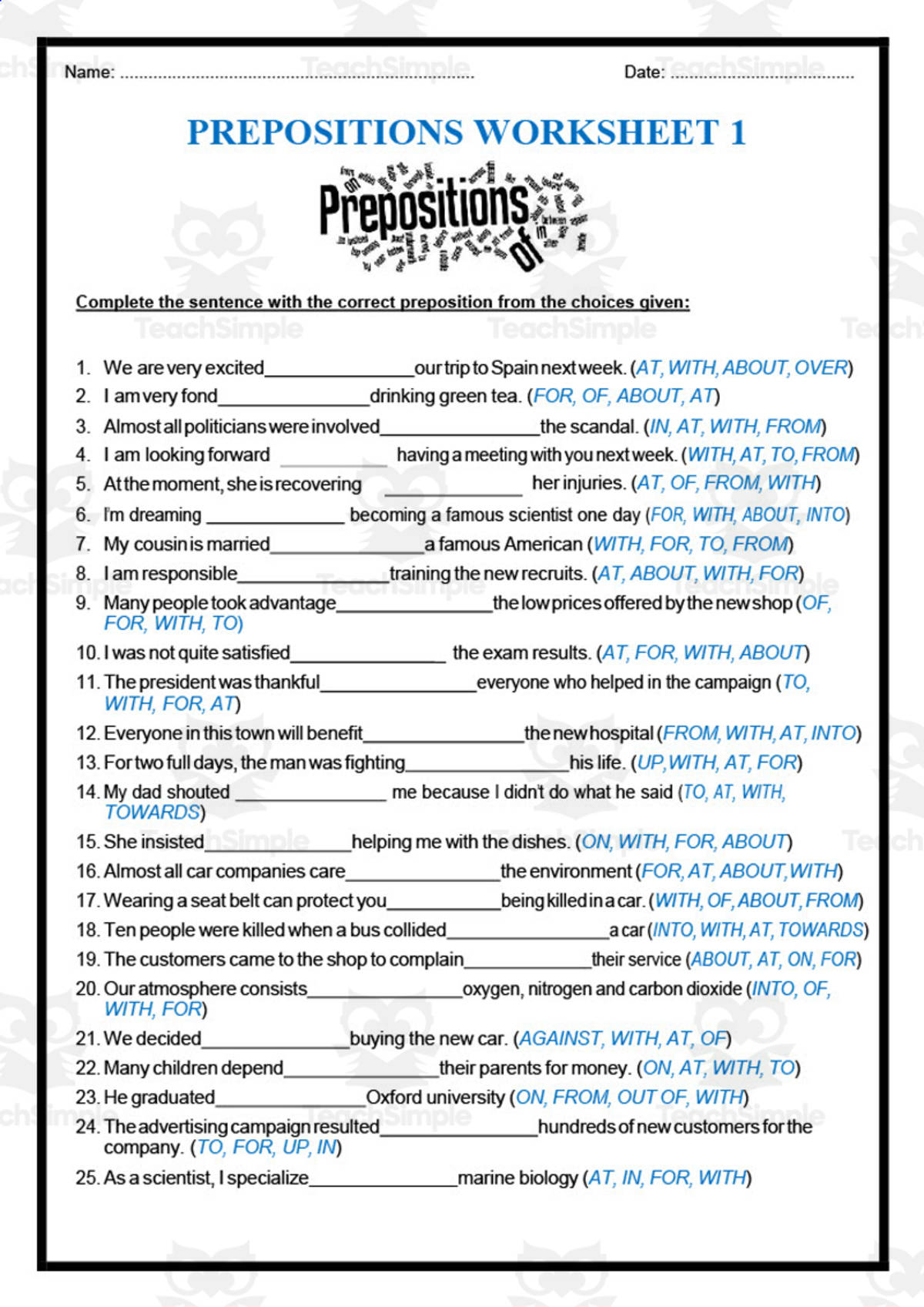 An educational teaching resource from Elementary Resources 4 U entitled Prepositions Worksheet 1 downloadable at Teach Simple.