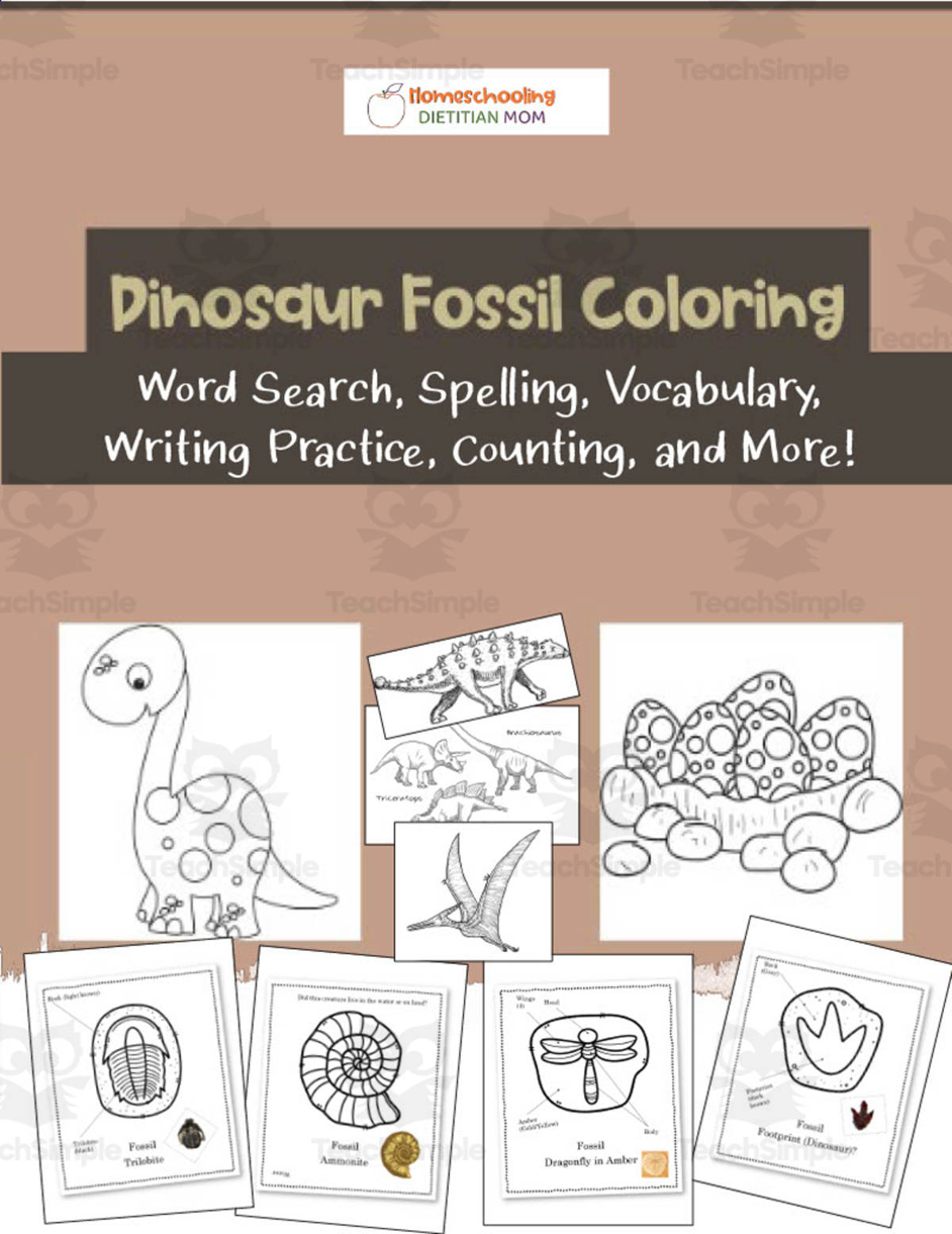 An educational teaching resource from Homeschooling Dietitian Mom entitled Preschool Dinosaur Pack downloadable at Teach Simple.