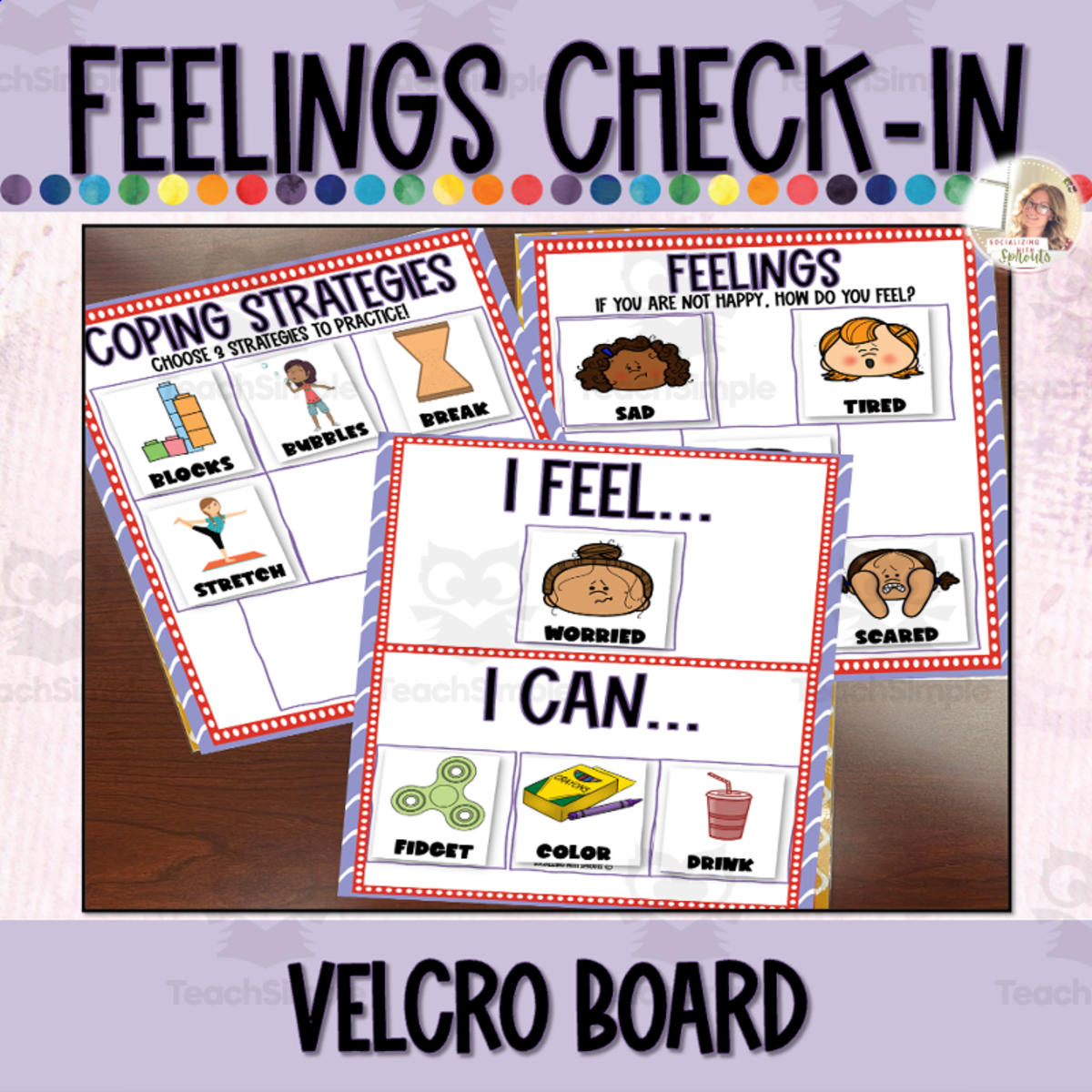 An educational teaching resource from Socializing with Sprouts entitled Preschool Feelings Check-In Board – Coping Skills downloadable at Teach Simple.