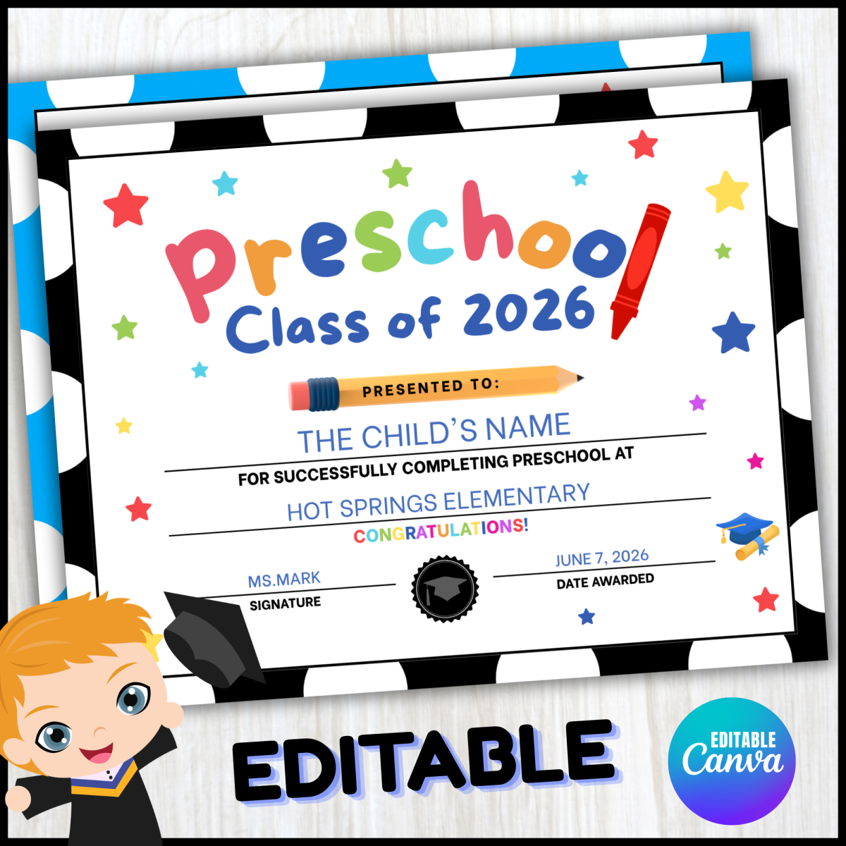 An educational teaching resource from screenzro entitled Preschool Graduation End of Year Class Award & Certificate/Diploma downloadable at Teach Simple.
