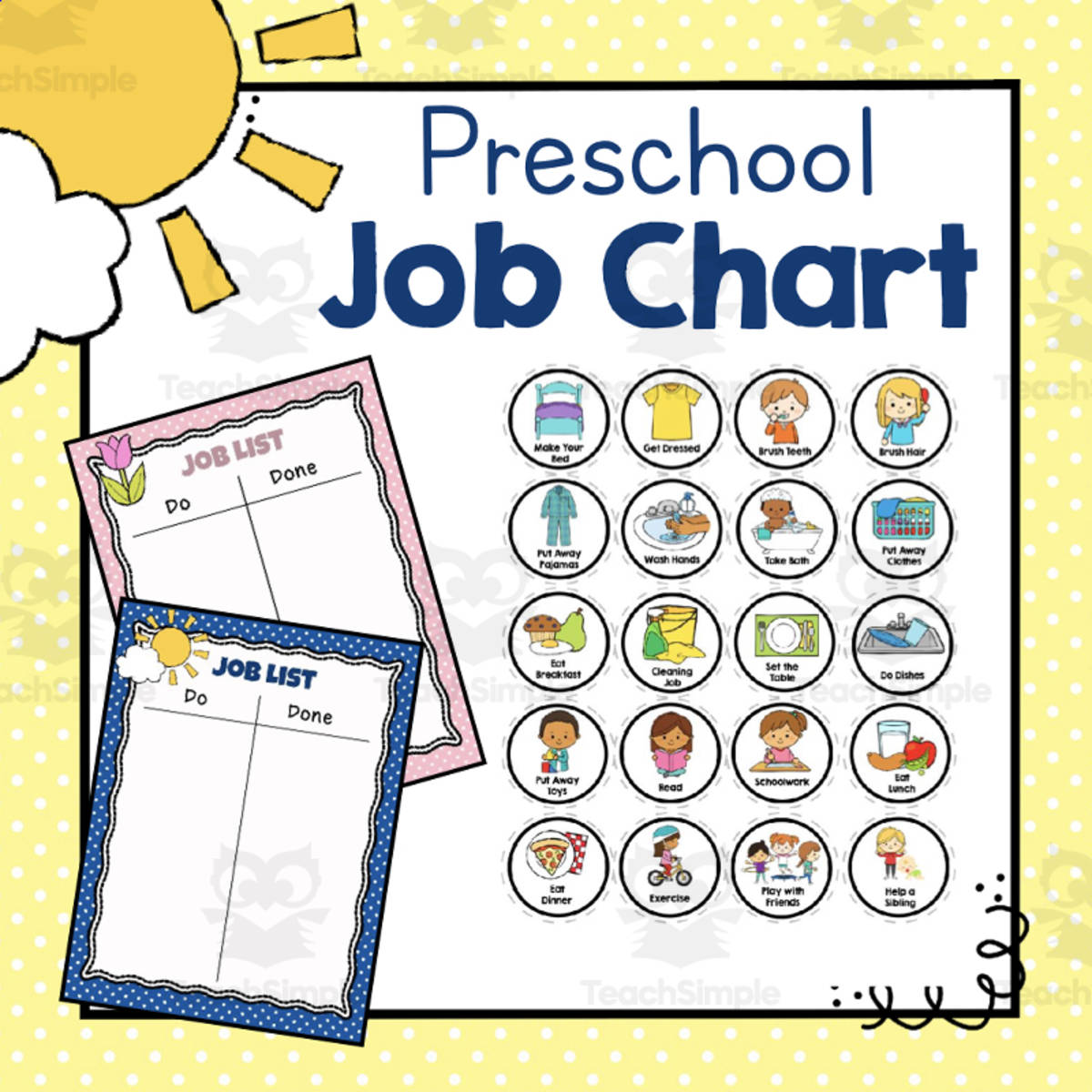 An educational teaching resource from Simply Schoolgirl entitled Preschool Job Chart – Toddler Chore Tracker downloadable at Teach Simple.