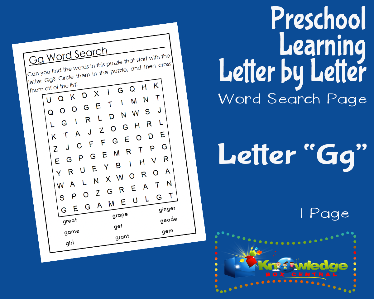 An educational teaching resource from Knowledge Box Central entitled Preschool Letter by Letter: Letter G - Word Search downloadable at Teach Simple.