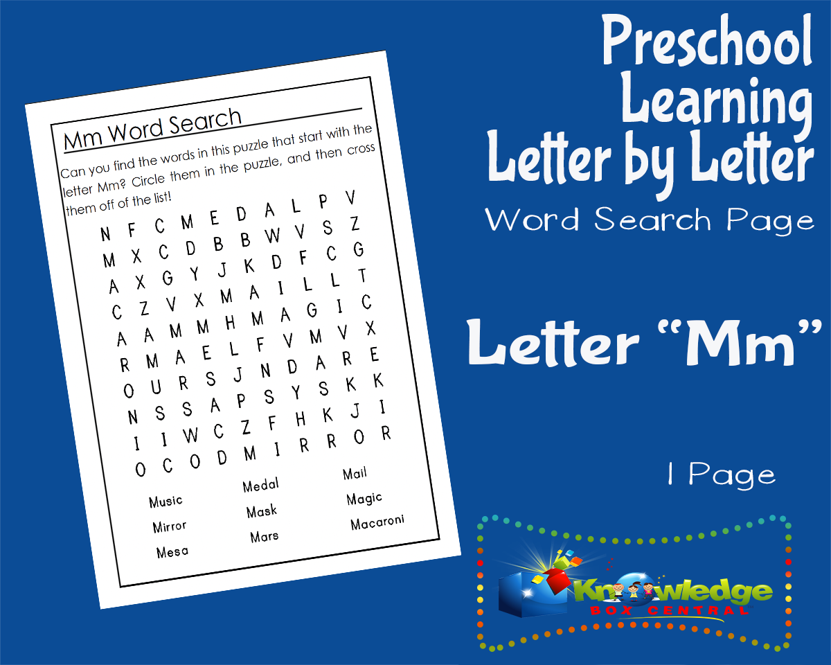 An educational teaching resource from Knowledge Box Central entitled Preschool Letter by Letter: Letter M - Word Search downloadable at Teach Simple.