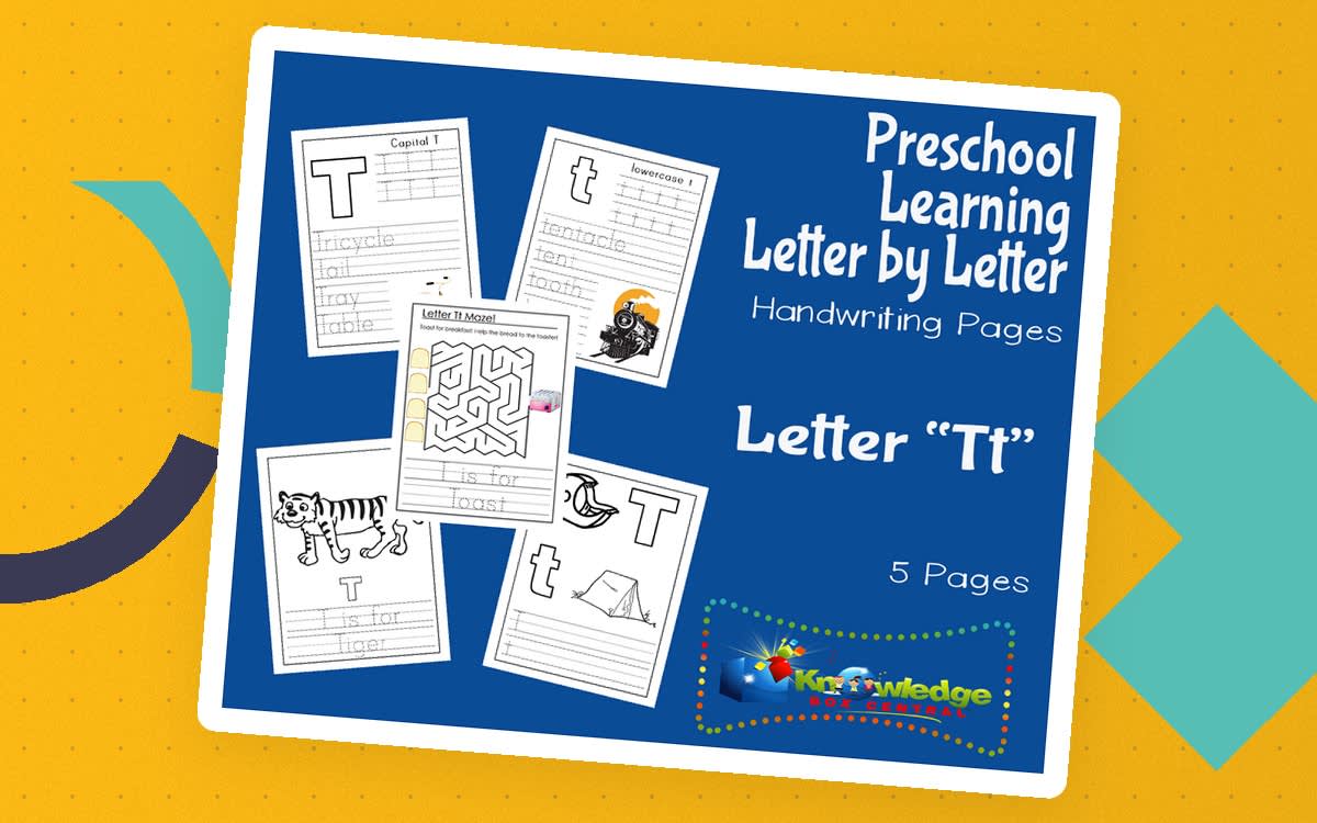 An educational teaching resource from Knowledge Box Central entitled Preschool Letter by Letter: Letter T - Handwriting downloadable at Teach Simple.