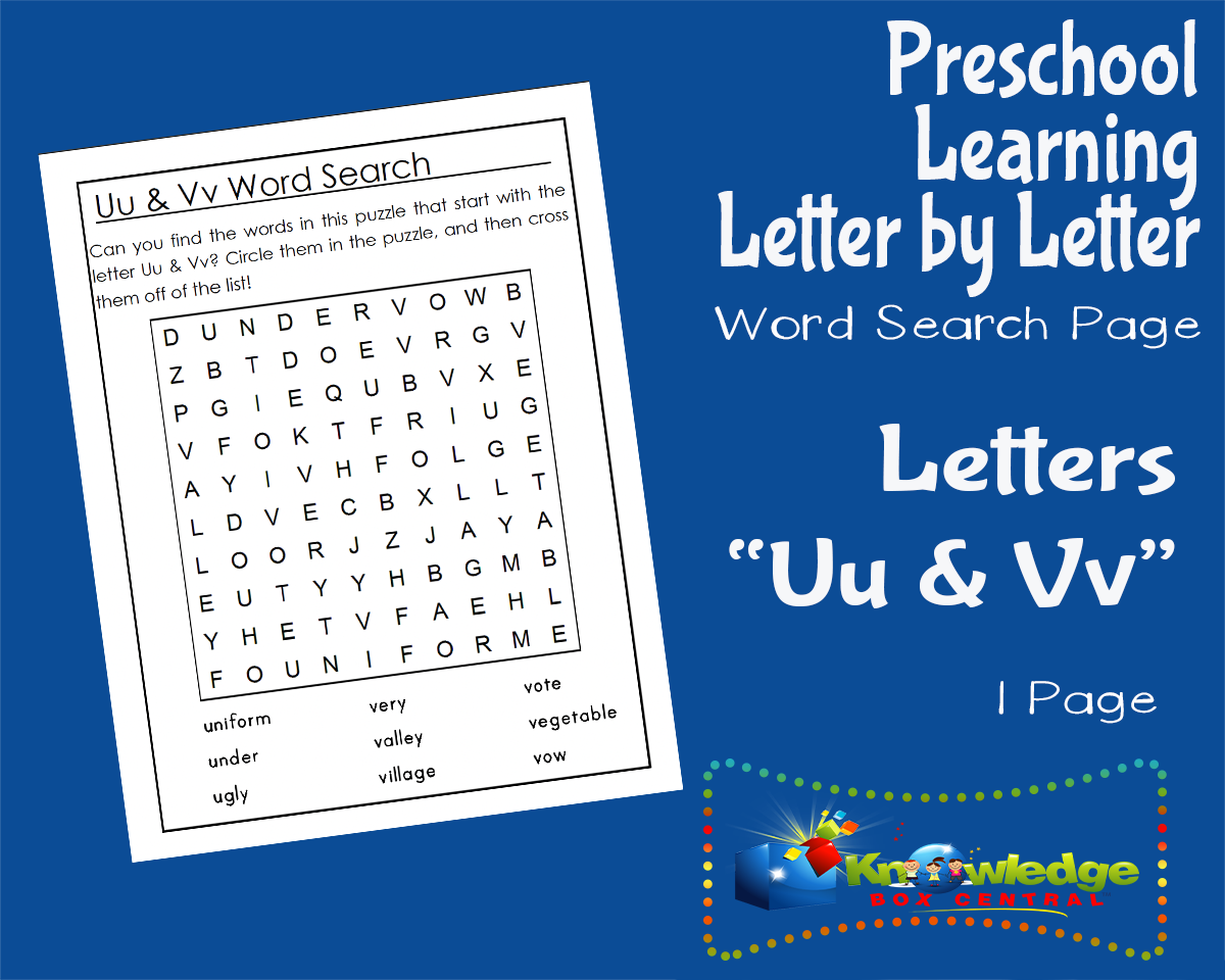 An educational teaching resource from Knowledge Box Central entitled Preschool Letter by Letter: Letters U & V - Word Search downloadable at Teach Simple.