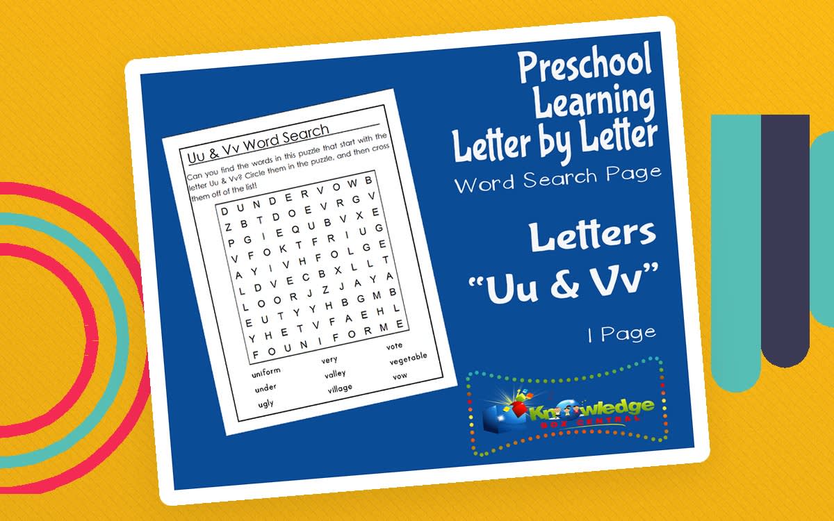 An educational teaching resource from Knowledge Box Central entitled Preschool Letter by Letter: Letters U & V - Word Search downloadable at Teach Simple.