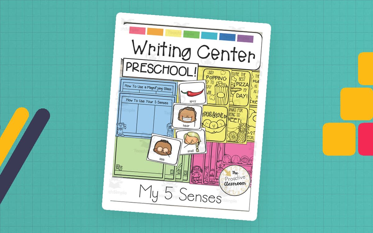 An educational teaching resource from The Proactive Classroom entitled Preschool Writing Center: My 5 Senses downloadable at Teach Simple.