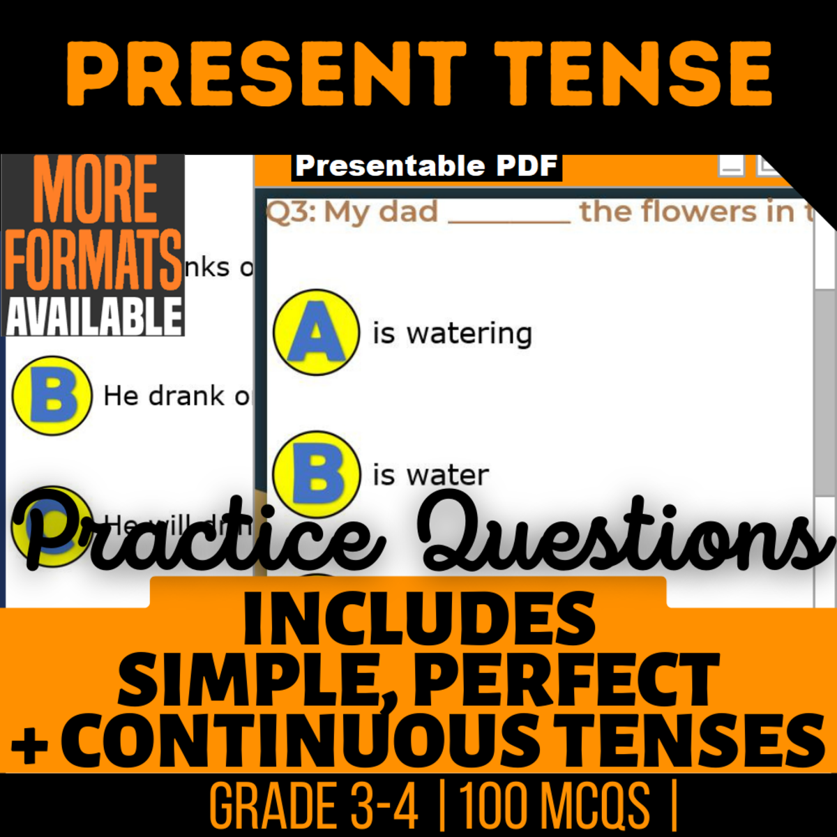 An educational teaching resource from Cored Education entitled Present Tense Practice Questions - Grade 3-4 Grammar (Presentable PDF) downloadable at Teach Simple.