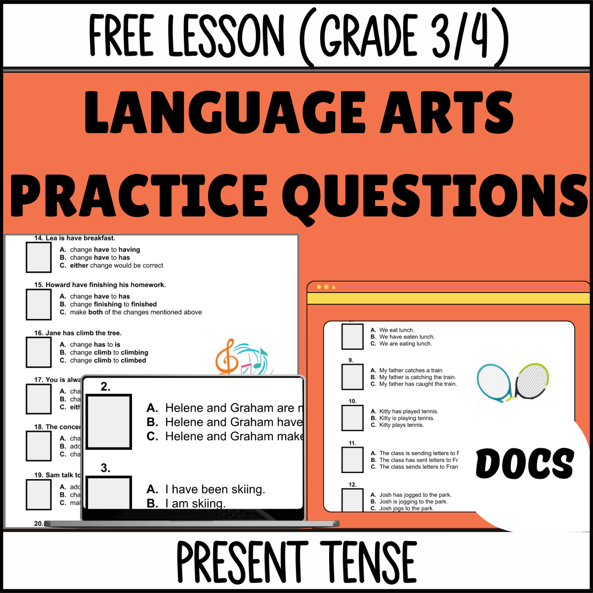 An educational teaching resource from Cored Education entitled Present Tense Sample: Grammar Grades 3-4 (Google Docs) downloadable at Teach Simple.