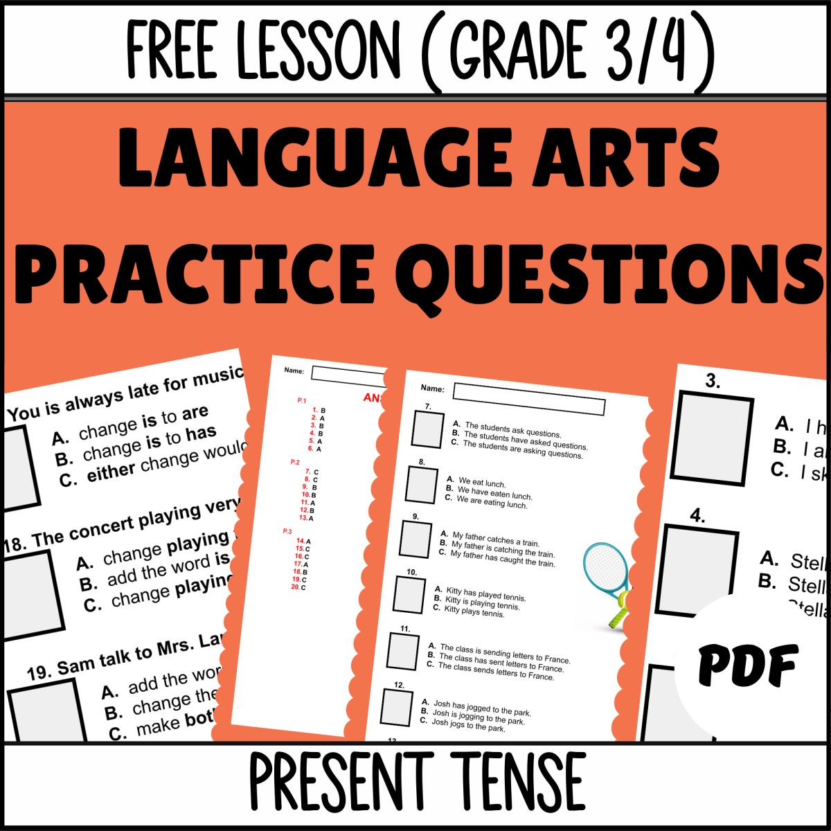 An educational teaching resource from Cored Education entitled Present Tense Sample: Grammar Grades 3-4 (PDF) downloadable at Teach Simple.