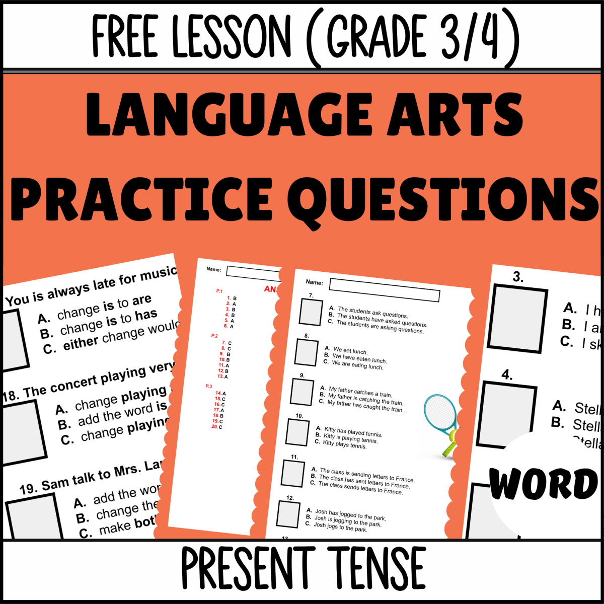 An educational teaching resource from Cored Education entitled Present Tense Sample: Grammar Grades 3-4 (Word) downloadable at Teach Simple.
