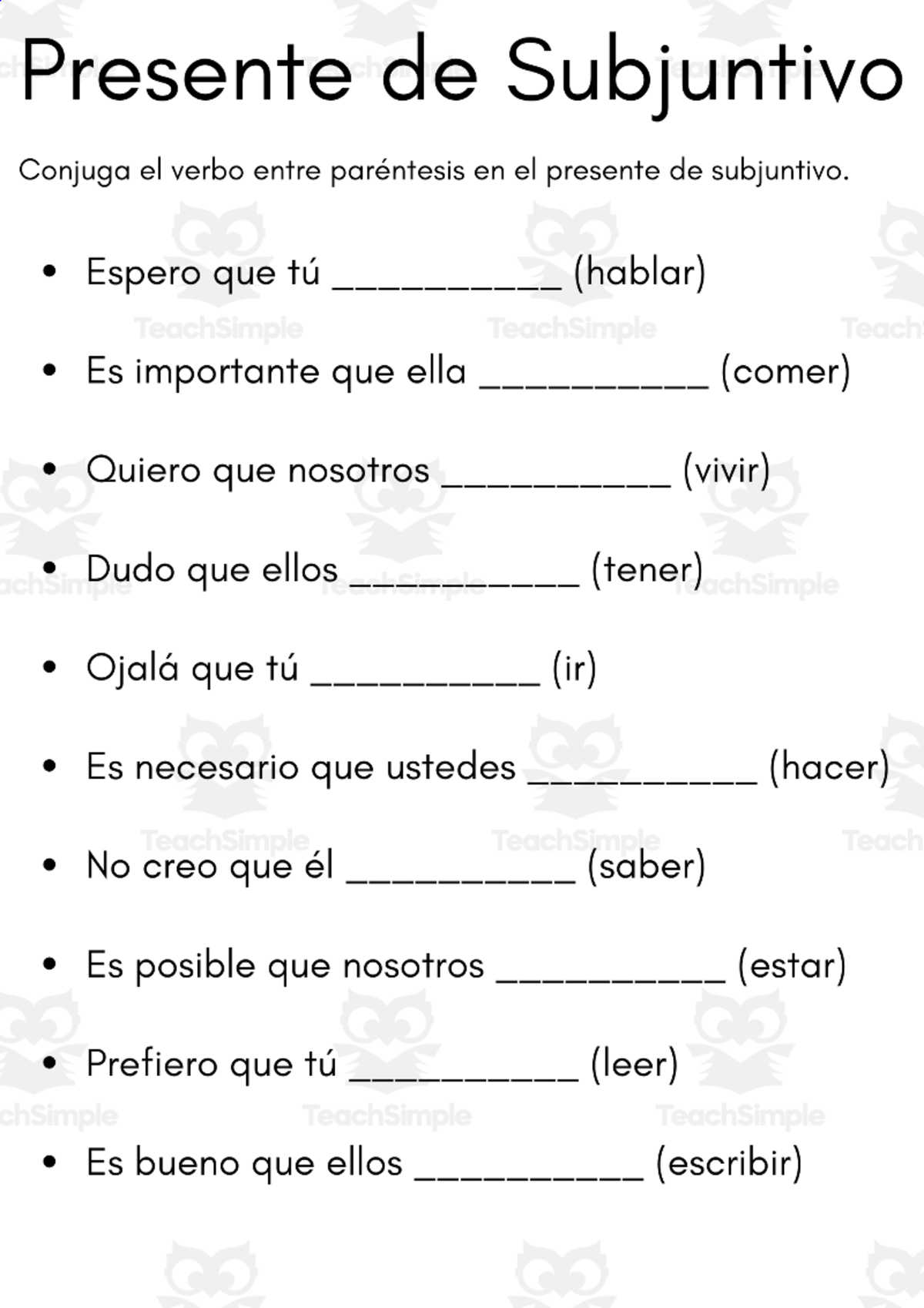 An educational teaching resource from MultiLingual Grammar Lab entitled Presente de Subjuntivo - present subjunctive spanish practice downloadable at Teach Simple.