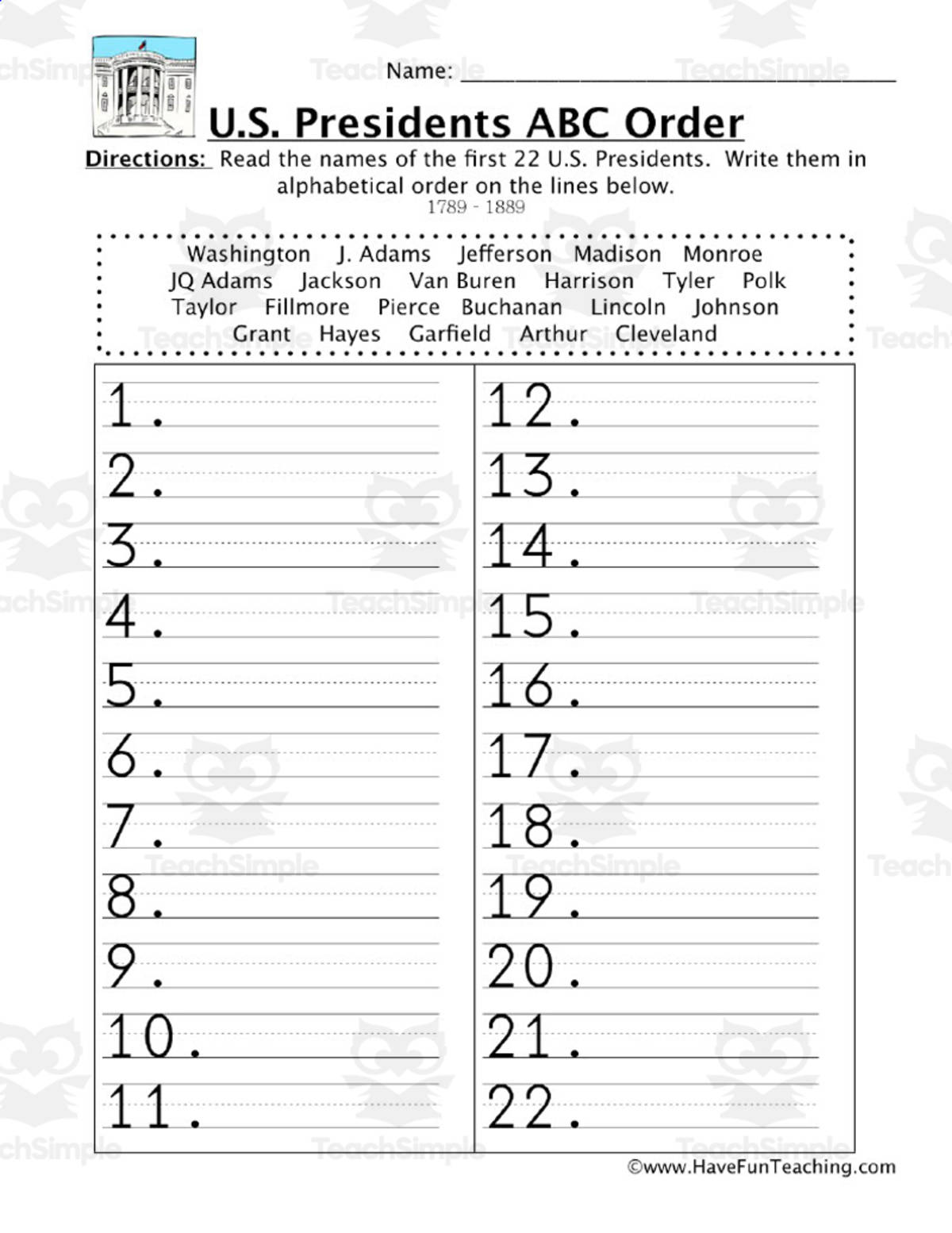 An educational teaching resource from Have Fun Teaching entitled President's ABC Order Worksheet #1 downloadable at Teach Simple.