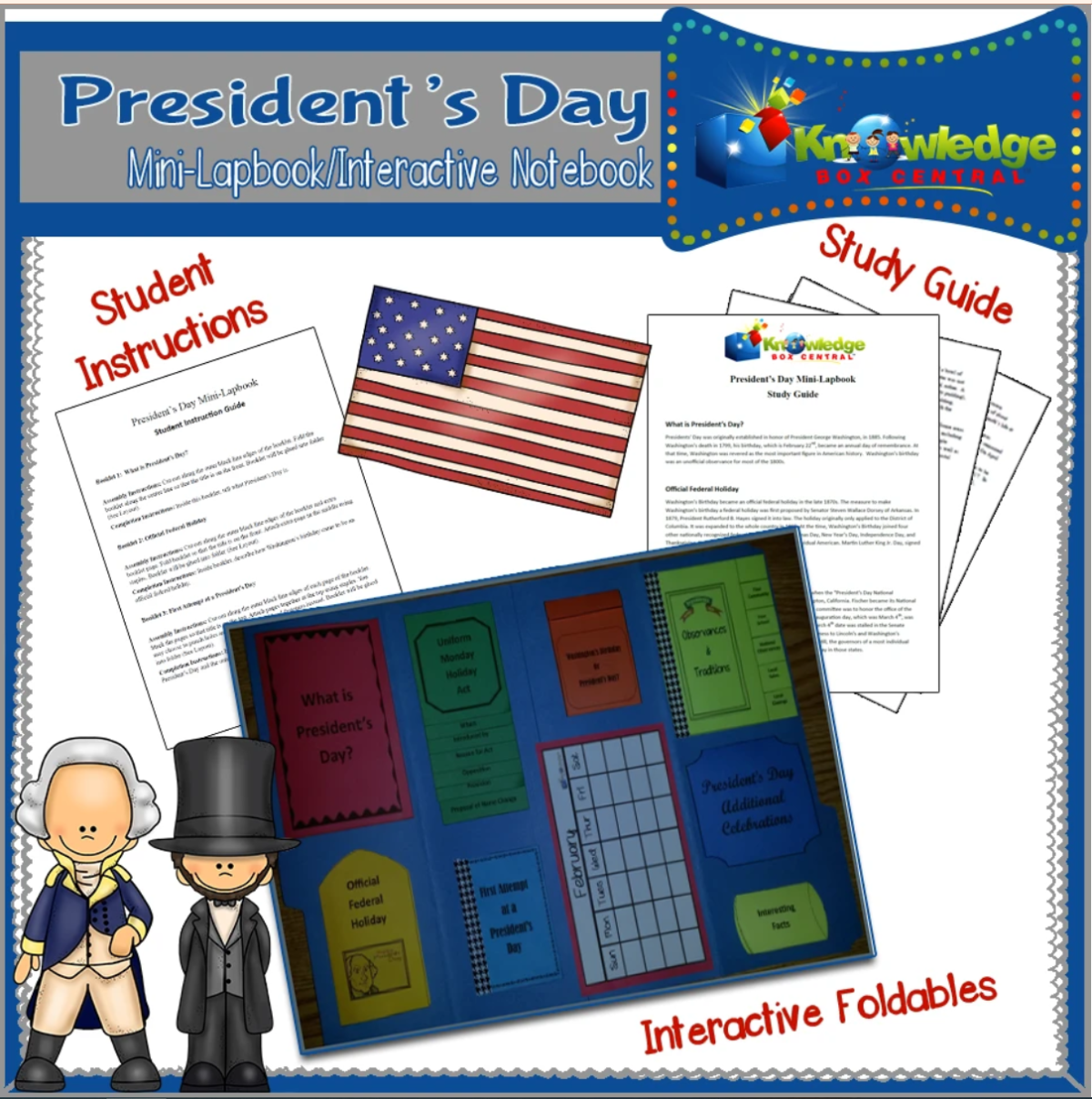 An educational teaching resource from Knowledge Box Central entitled President's Day Mini-Lapbook / Interactive Notebook - EBOOK downloadable at Teach Simple.