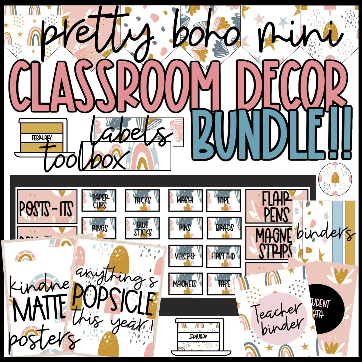 An educational teaching resource from The Simplistic Teacher entitled Pretty Boho Mini Classroom Decor Bundle downloadable at Teach Simple.