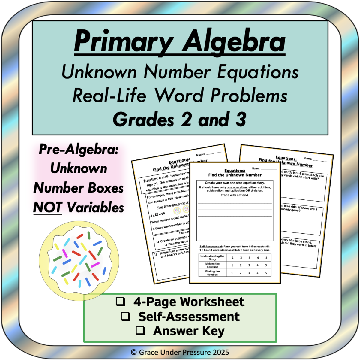 An educational teaching resource from Grace Under Pressure entitled Primary Algebra Worksheet Real-Life Simple One Step Equations 2nd 3rd downloadable at Teach Simple.