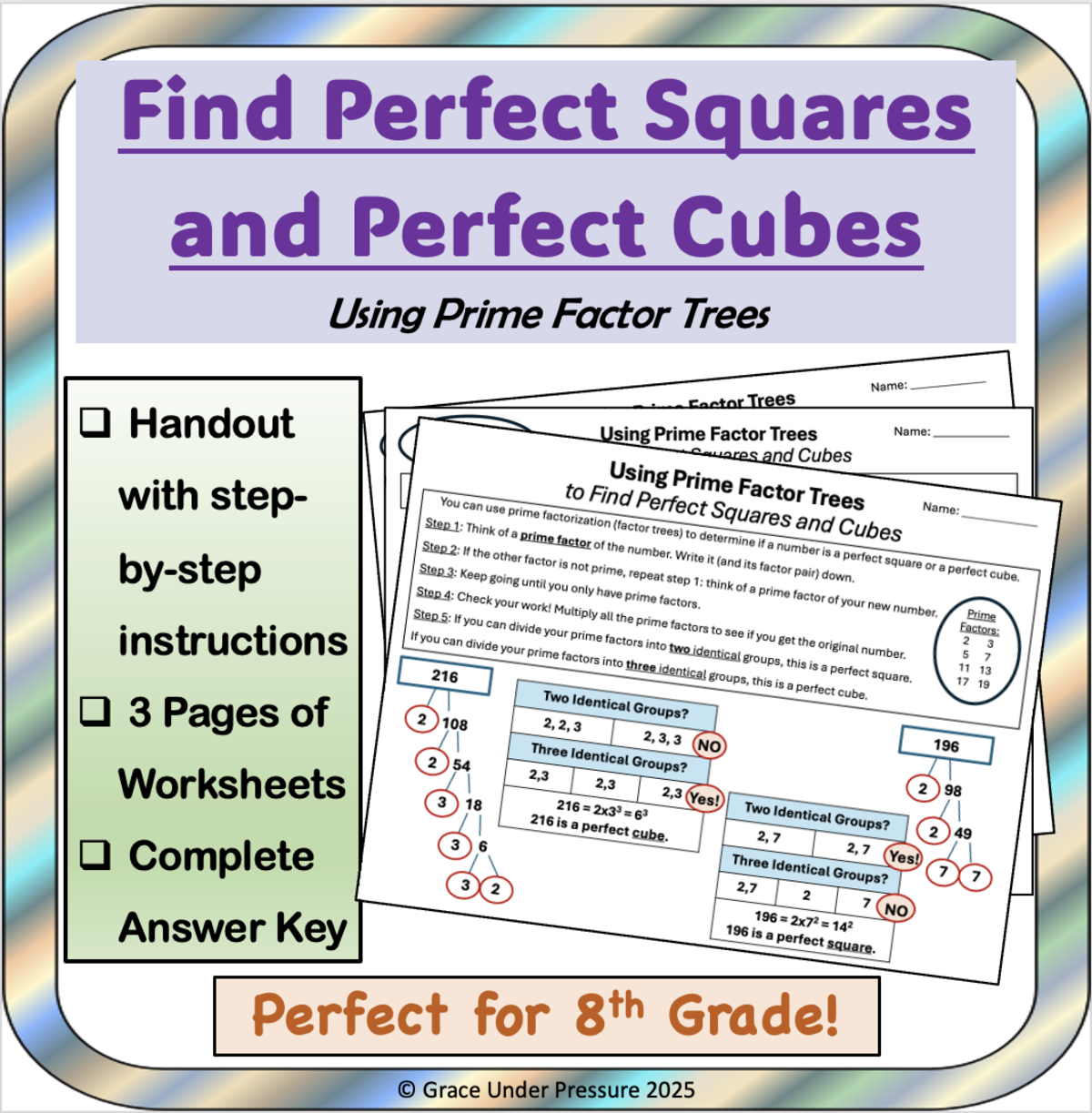 An educational teaching resource from Grace Under Pressure entitled Prime Factor Trees to Find Perfect Squares and Perfect Cubes 8th 9th downloadable at Teach Simple.