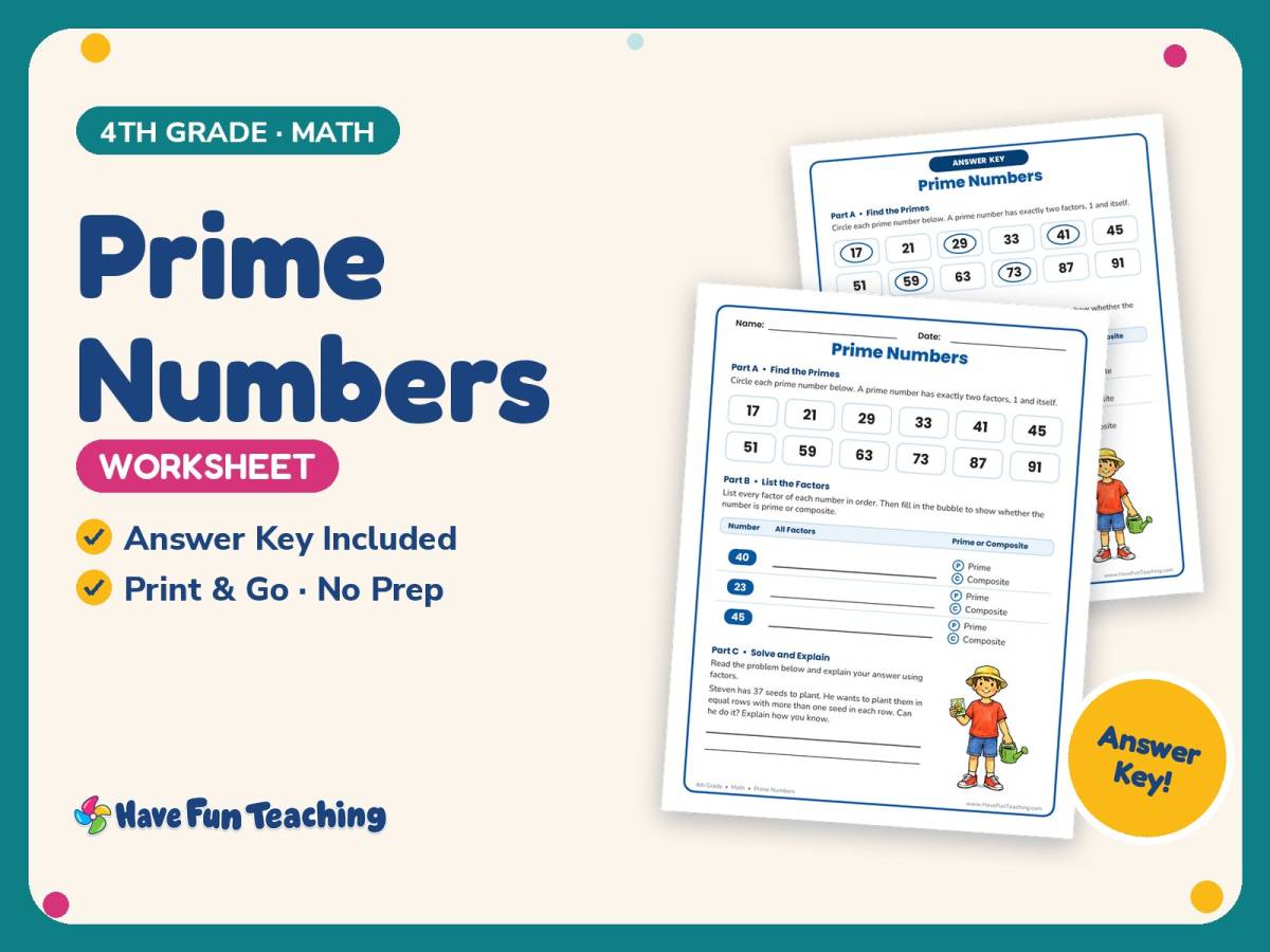 Prime Numbers Worksheet – 4th Grade Multiplication Practice preview