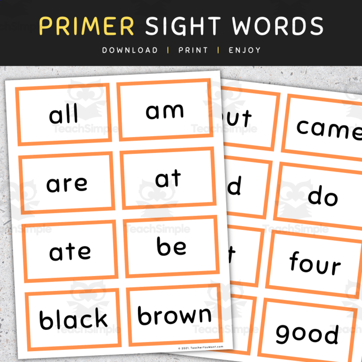 An educational teaching resource from TeacherYouWant entitled Primer Sight Words, Kindergarten Flash Cards, [SET 1] downloadable at Teach Simple.