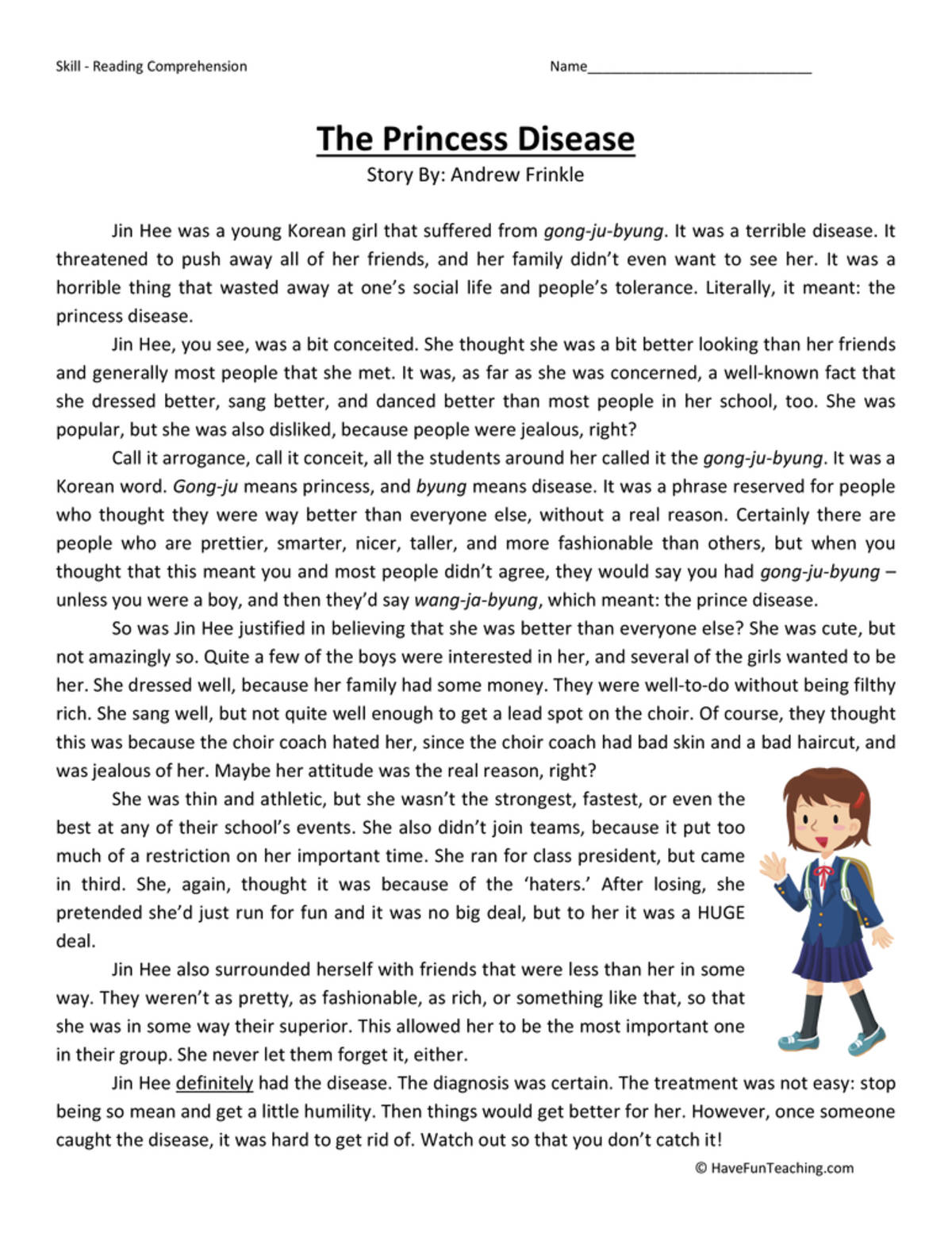 An educational teaching resource from Have Fun Teaching entitled Princess Disease Reading Comprehension Worksheet downloadable at Teach Simple.