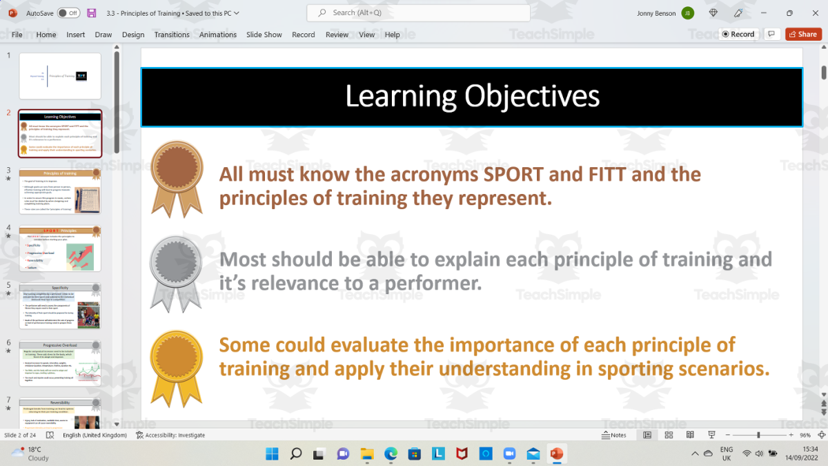 An educational teaching resource from The PE Tutor entitled Principles of Training downloadable at Teach Simple.