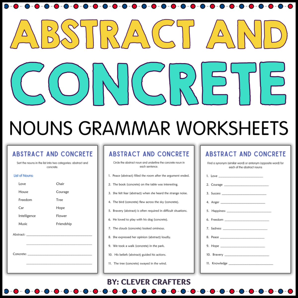 An educational teaching resource from Clever Crafters entitled Printable Abstract and Concrete Nouns Grammar Worksheets for Grade 4 downloadable at Teach Simple.