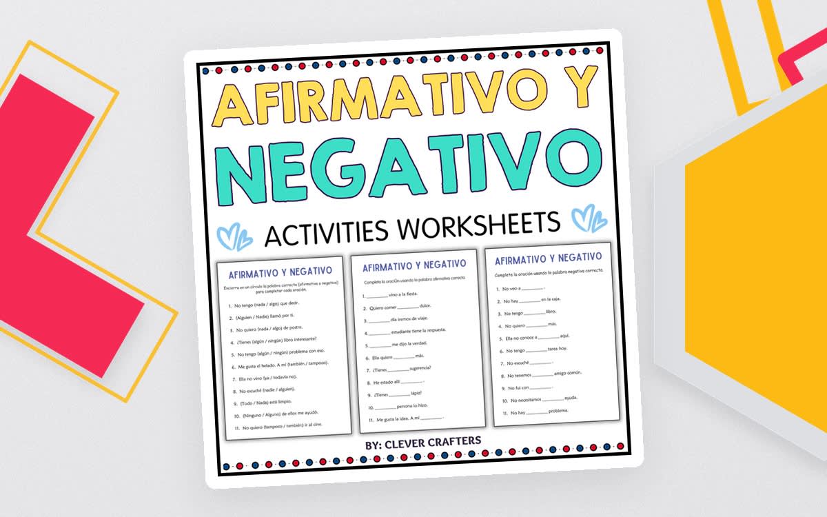 An educational teaching resource from Clever Crafters entitled Printable Affirmative and Negative Words in Spanish Practice Worksheet downloadable at Teach Simple.