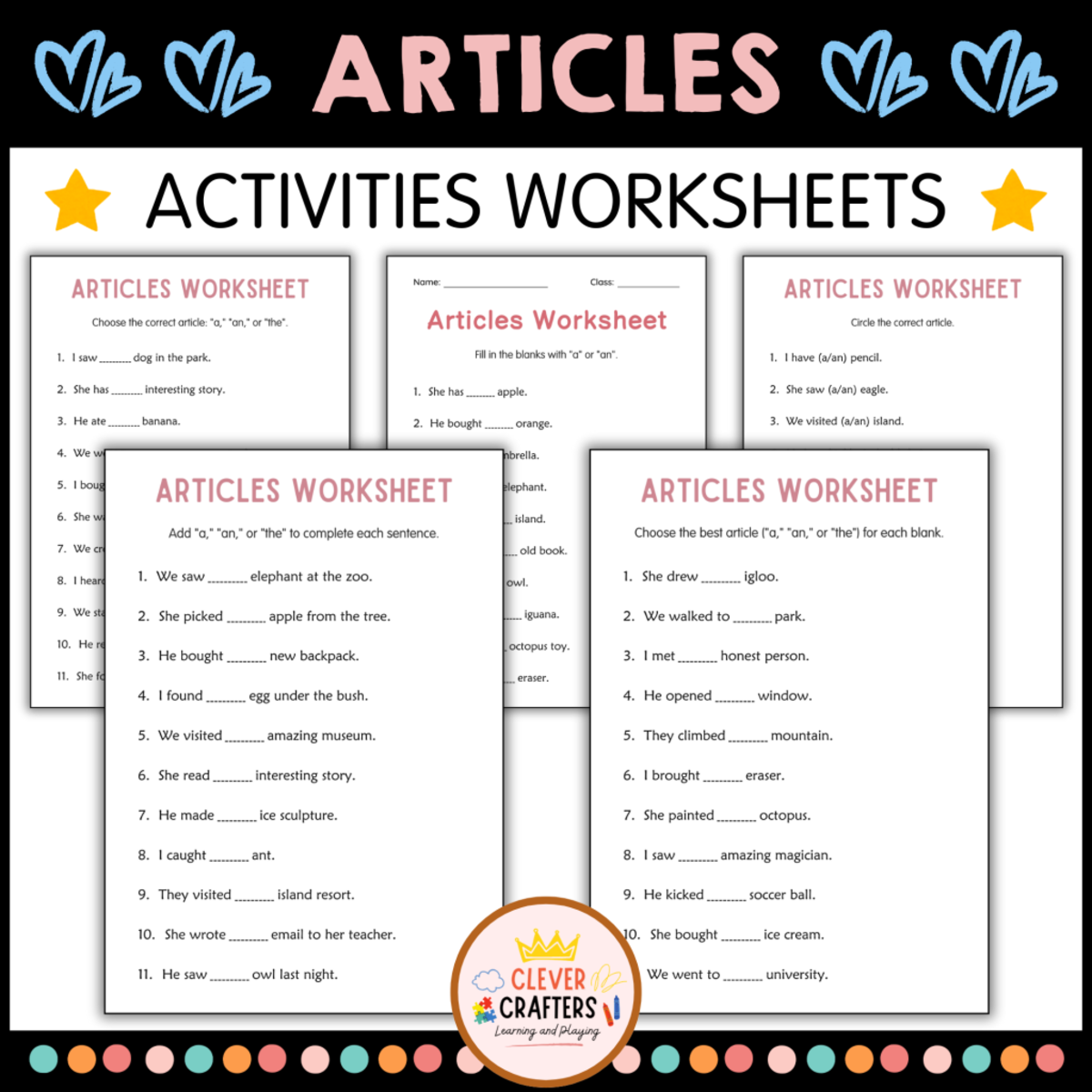 An educational teaching resource from Clever Crafters entitled Printable Articles (a, an, the) English Grammar Worksheets for Grade 1 downloadable at Teach Simple.
