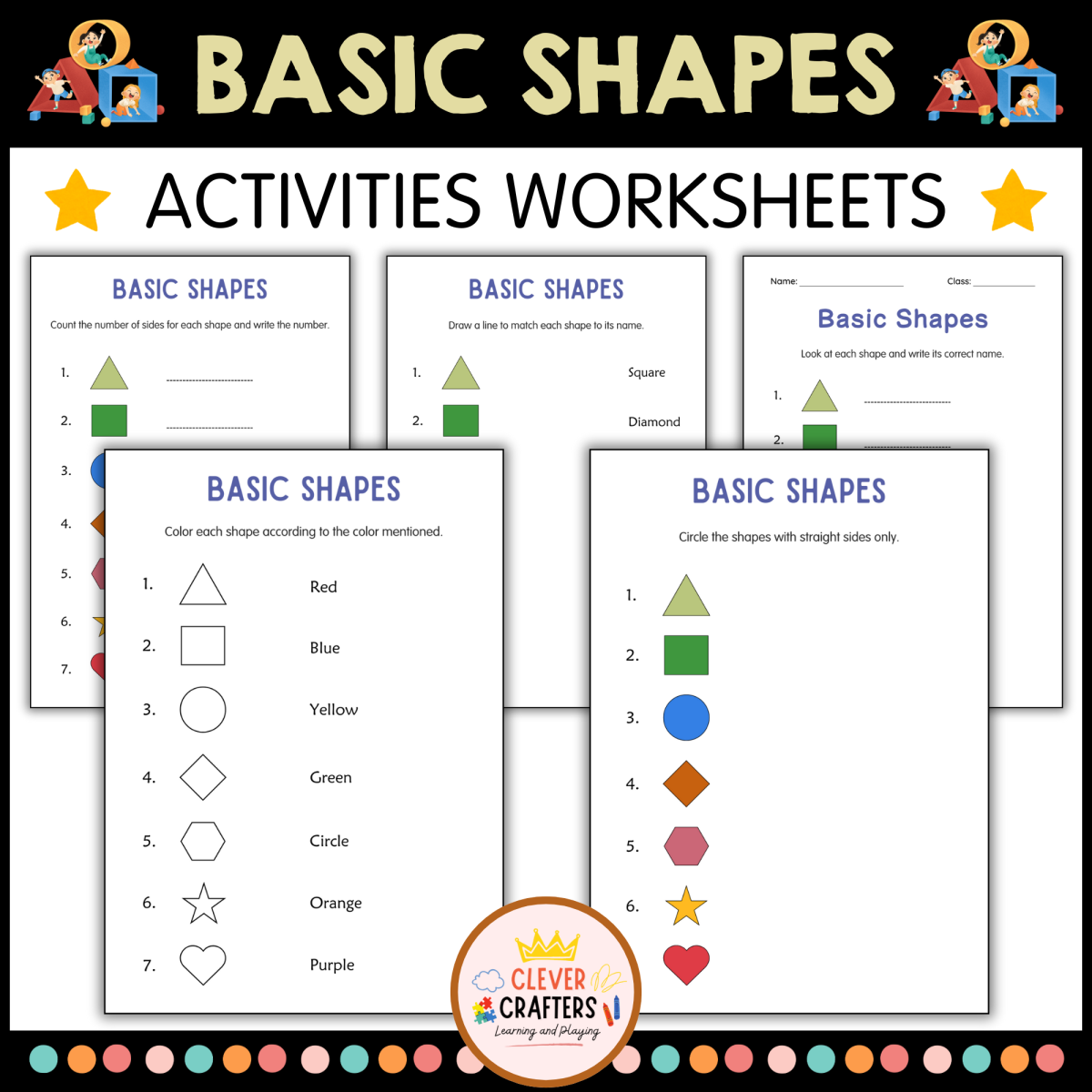 An educational teaching resource from Clever Crafters entitled Printable Basic Shapes Matching and Tracing Worksheets for Grade 1, 2 downloadable at Teach Simple.