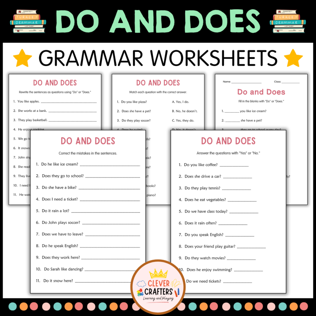 An educational teaching resource from Clever Crafters entitled Printable Beginner Do and Does Grammar Activity Worksheets for Grade 2 downloadable at Teach Simple.