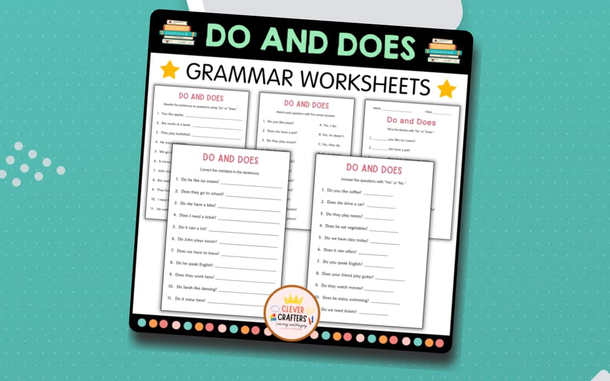 An educational teaching resource from Clever Crafters entitled Printable Beginner Do and Does Grammar Activity Worksheets for Grade 2 downloadable at Teach Simple.