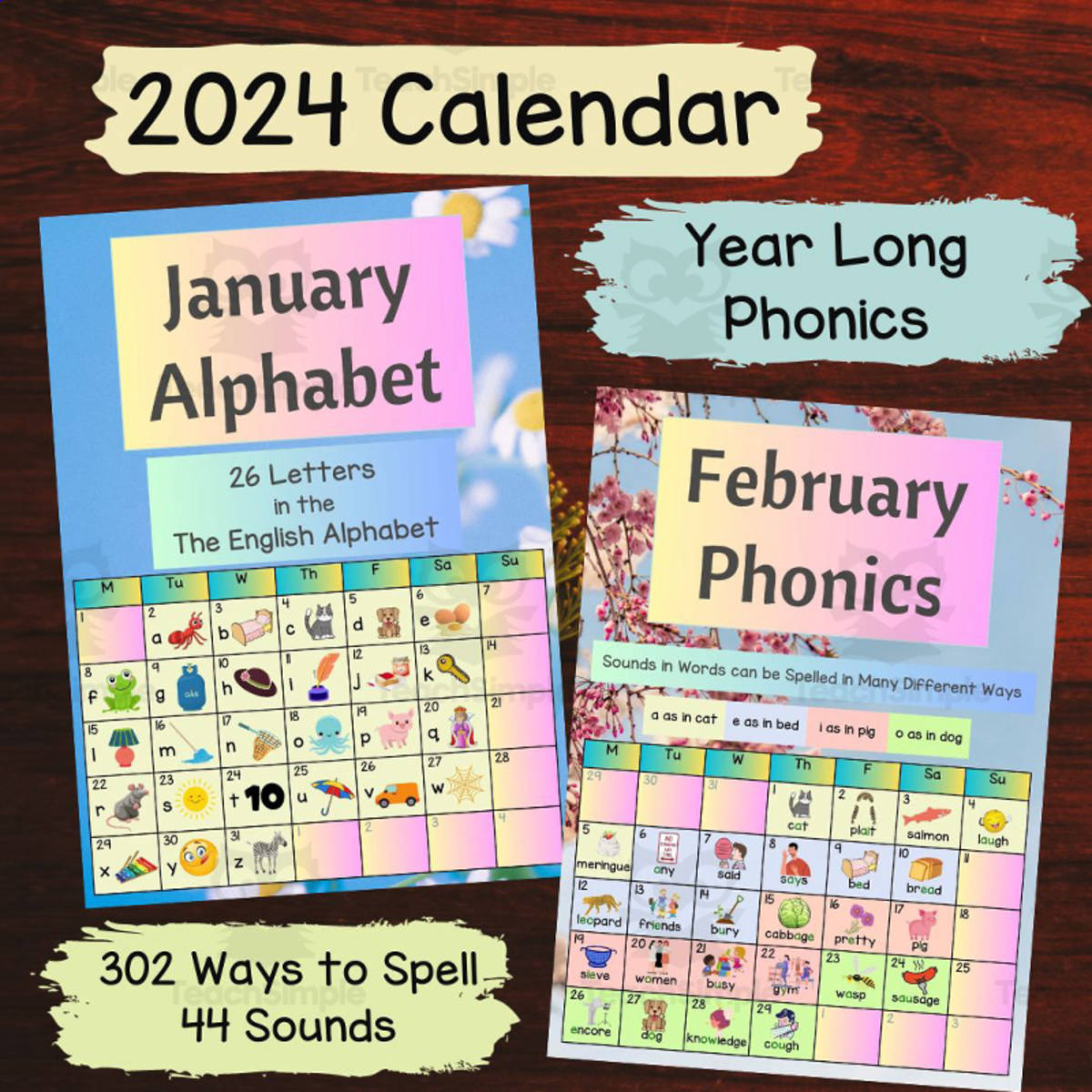 An educational teaching resource from Clever Speller entitled Printable Calendar 2024 for Teachers and Homeschoolers Phonics Program downloadable at Teach Simple.