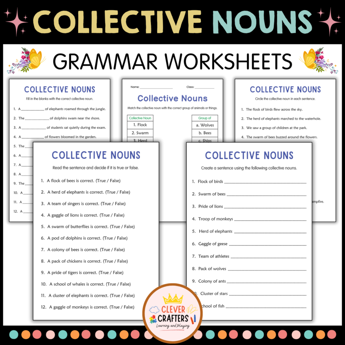 An educational teaching resource from Clever Crafters entitled Printable Collective Nouns Grammar Worksheets for Grade 3, 4, 5 downloadable at Teach Simple.