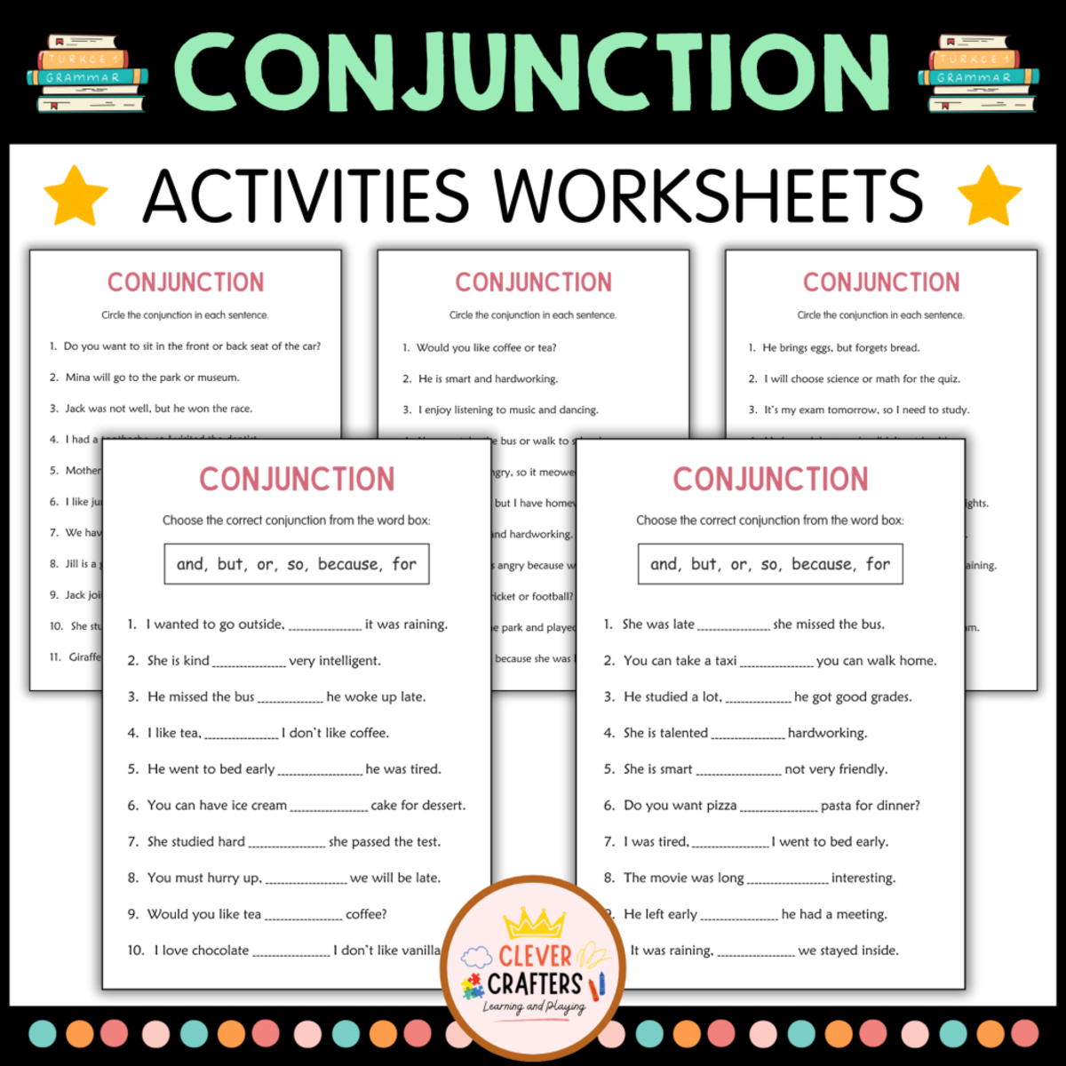 An educational teaching resource from Clever Crafters entitled Printable Conjunction Grammar Activity Worksheets for Grade 2, 3, 4 downloadable at Teach Simple.