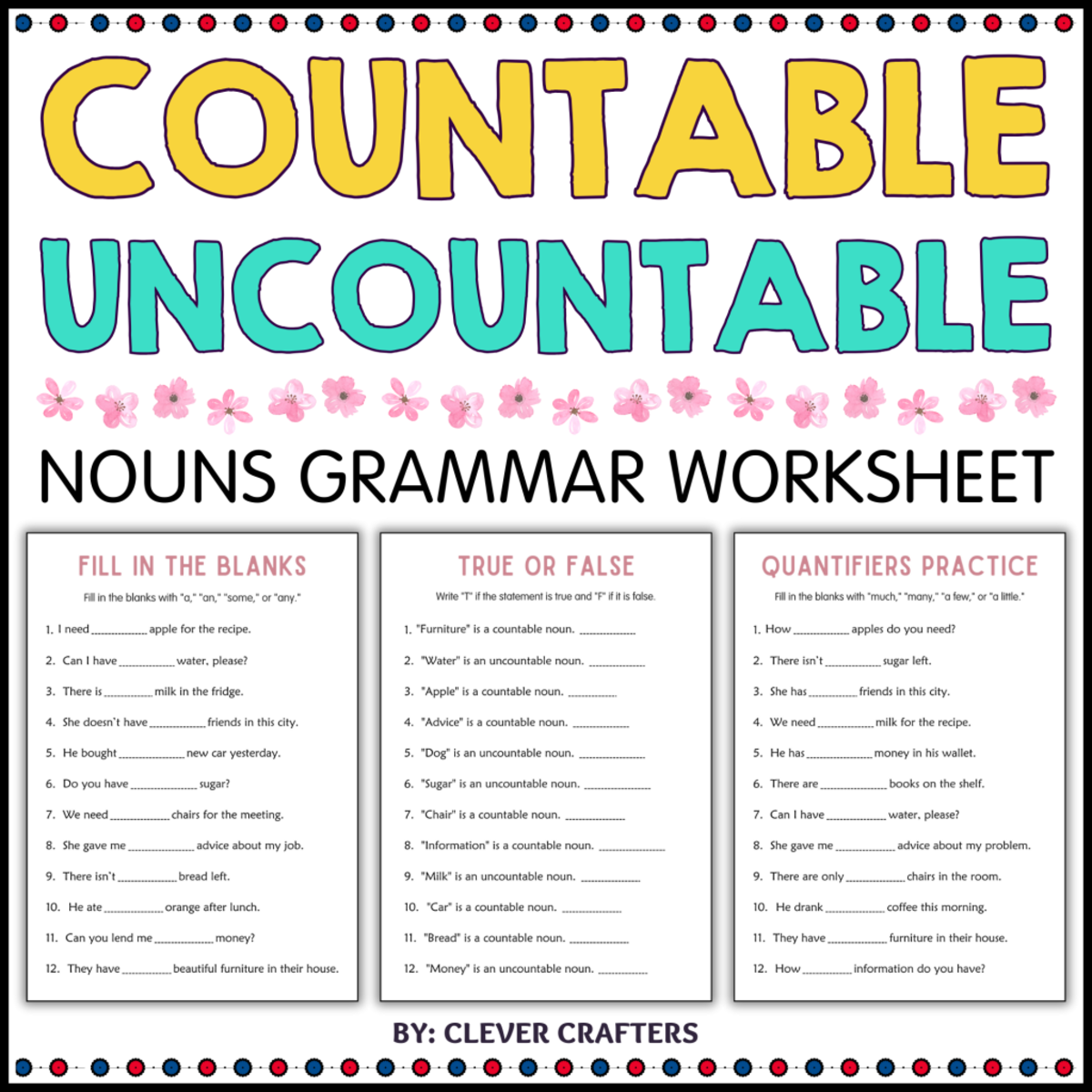 An educational teaching resource from Clever Crafters entitled Printable Countable and Uncountable Nouns Grammar Worksheets downloadable at Teach Simple.