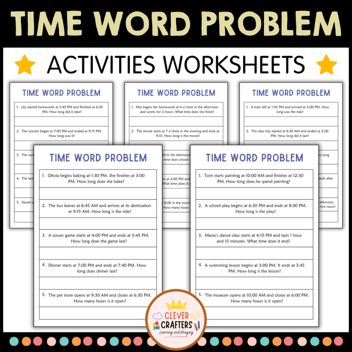 An educational teaching resource from Clever Crafters entitled Printable Elapsed Time Word Problem to the Hour Worksheets for Grade 1 downloadable at Teach Simple.