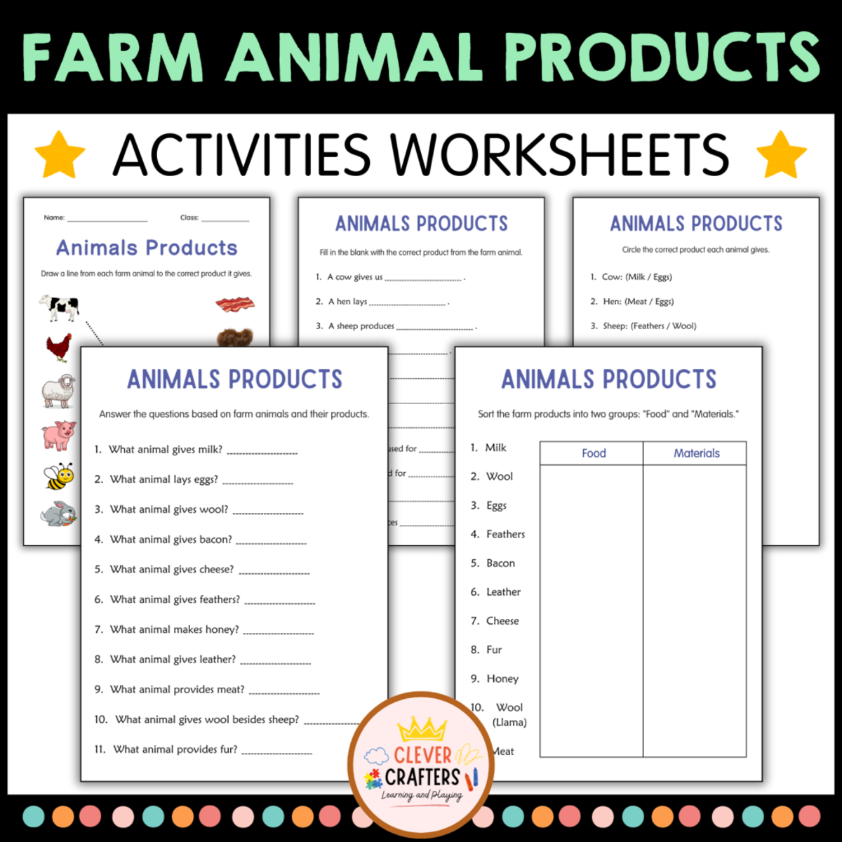 An educational teaching resource from Clever Crafters entitled Printable Farm Animals and Their Products Activity Worksheets downloadable at Teach Simple.