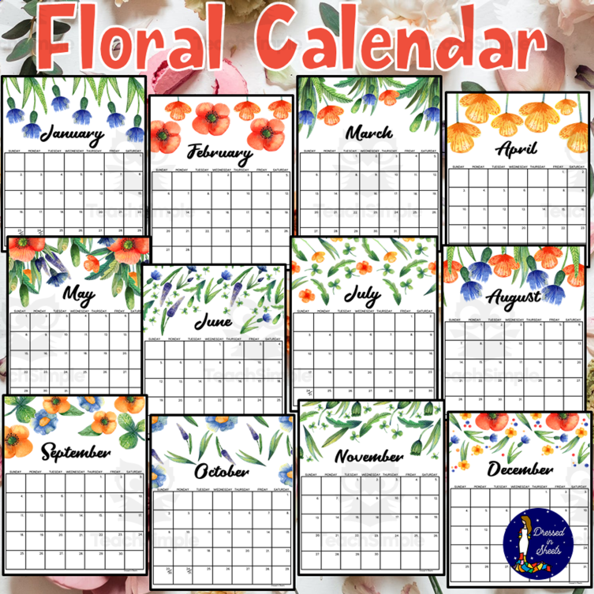 An educational teaching resource from Soumara Siddiqui entitled Printable Floral Calendar downloadable at Teach Simple.