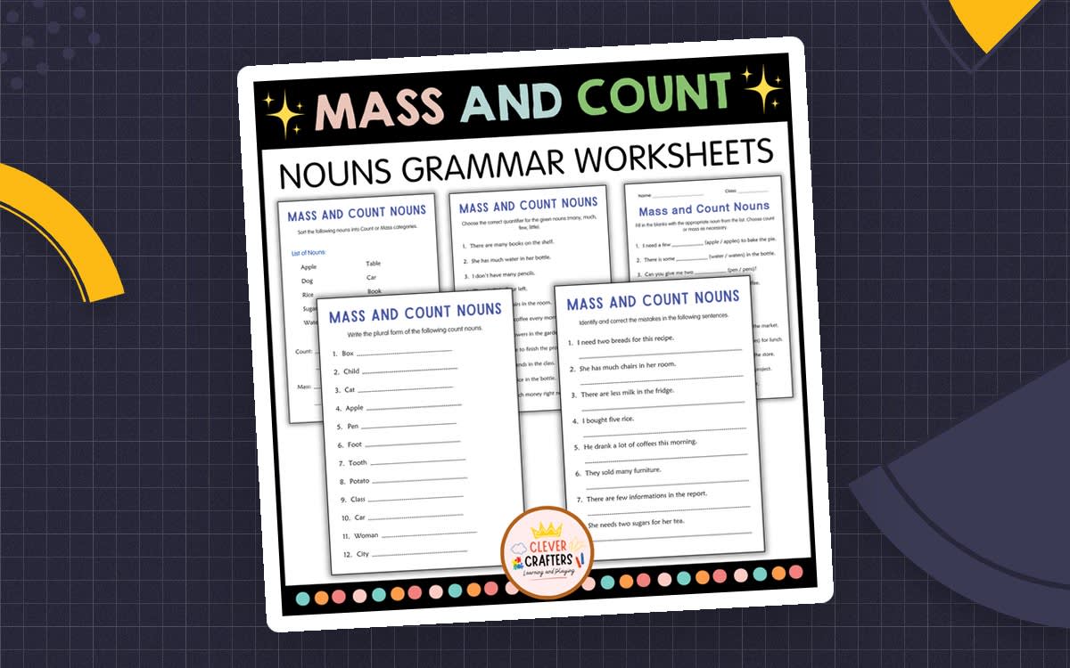 An educational teaching resource from Clever Crafters entitled Printable Mass and Count Nouns Grammar Activities Worksheets downloadable at Teach Simple.